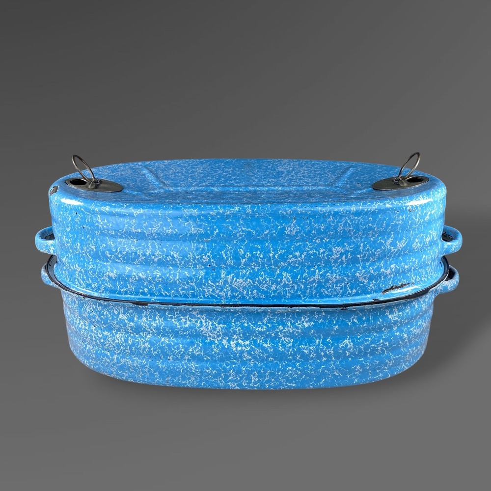 1911 Reed Blue Speckle Roaster Graniteware 3 Piece Dutch Oven Primitive Decor‎